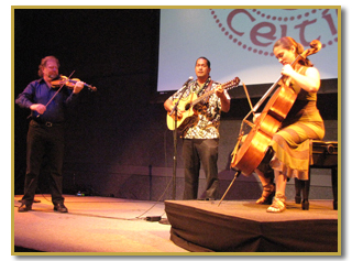 Alasdair Fraser, Wilmont Kahaialii and Natalie Haas at the MACC